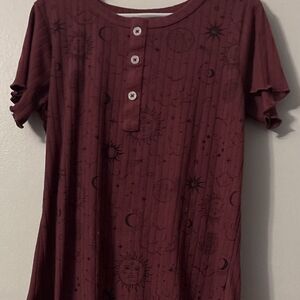 Burgundy Short Sleeve Button-Up Top